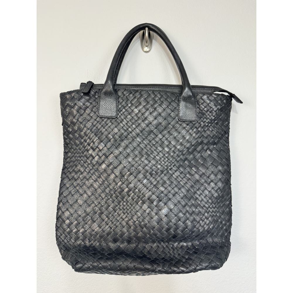 Falor Italia Woven Leather Tote Bag Women's Large Black Top Zip Made In Italy